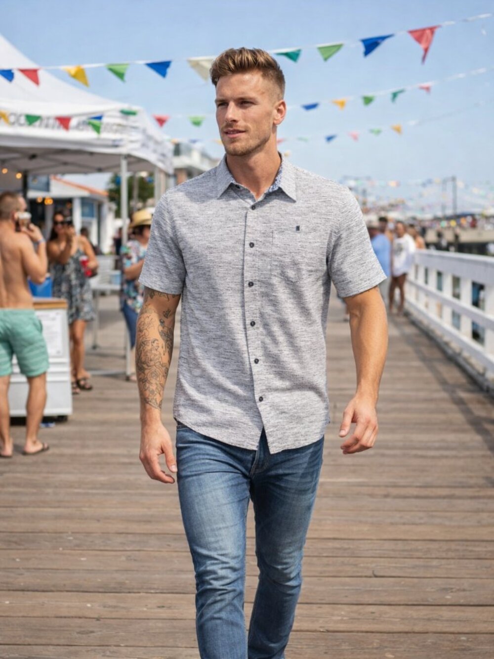 Denim & Flower Ricky Singh Short Sleeve BLUE Henley Button Camp‎ Shirt Preppy SM